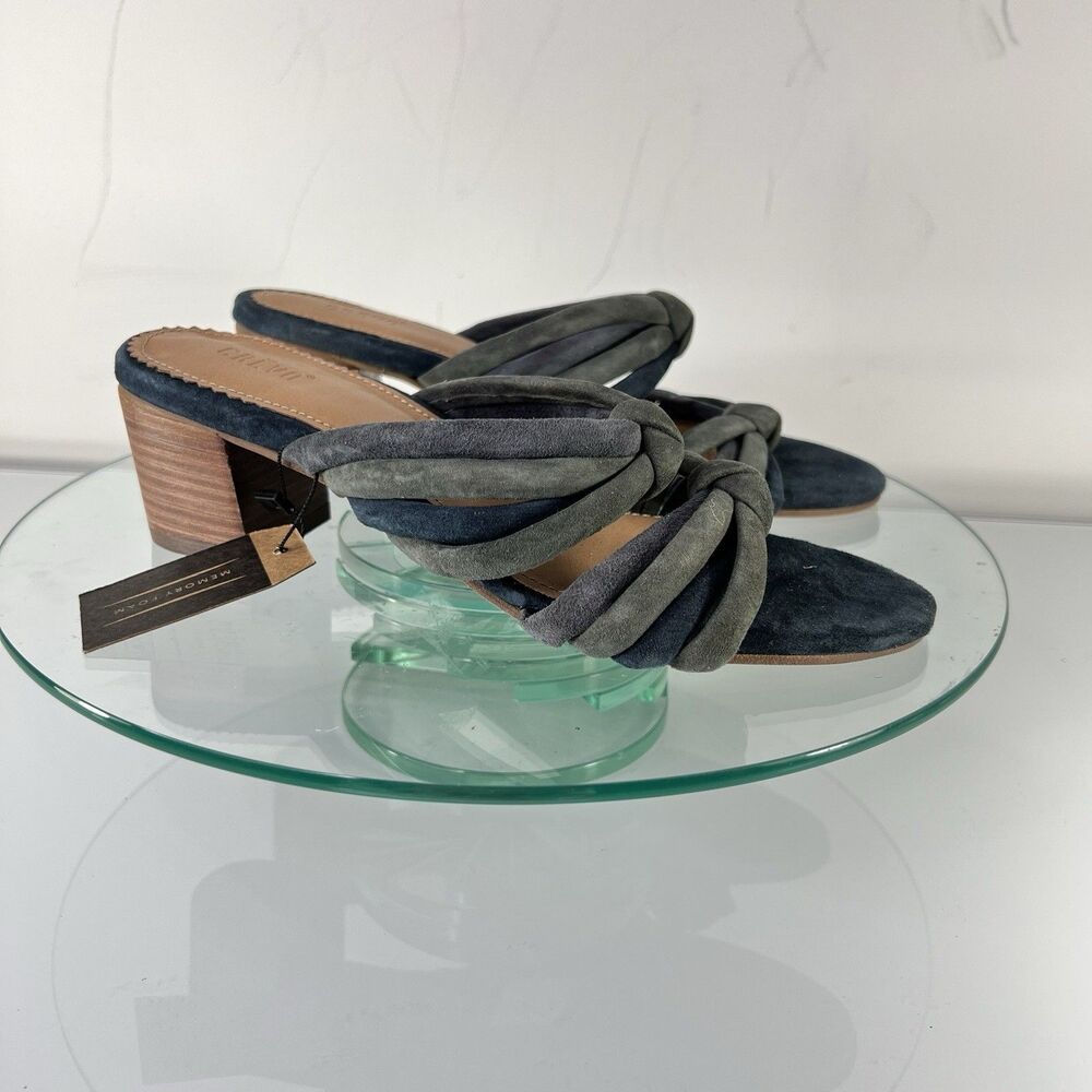 Crevo Rubie knotted Heel Sandals Suede Leather Strap Blue Gray slip on